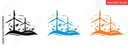 Modern wind turbines generate clean energy in nature's embrace,Wind power plant icon. Alternative energy source sign.Windmill sign vector, Wind turbine icon, silhouette. Fan turbine isolated,
