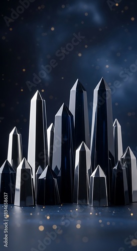 Symmetrical Crystals Towering Against Midnight, Sparkling Backdrop, Elegant Art