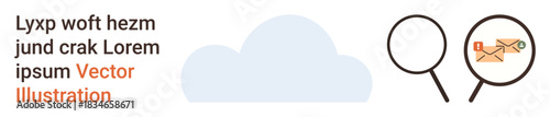 Digital communication, email services, information search, data analysis, cloud technology, online tools. Simple cloud, magnifying glasses viewing an envelope icon. Email services and information