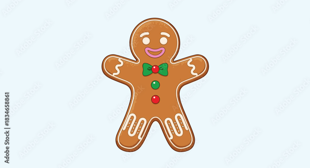 Obraz premium Classic smiling gingerbread man cookie decorated with icing, a festive bow tie, and colorful candy buttons for the holidays.
