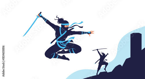 Dynamic female ninja warrior leaping through the air with two swords while another ninja scales a cliff in the background.