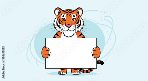 Friendly cartoon tiger character standing and holding a blank white sign with plenty of copy space for your custom message.