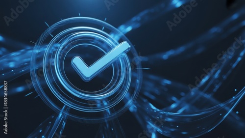 Futuristic glowing blue checkmark inside a digital network with abstract light effects