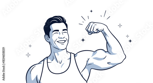 Happy and confident young man flexing his bicep muscle with a proud smile in a clean black and white line art illustration.