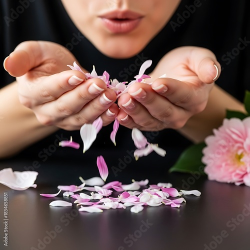 Woman gently blowing delicate flower petals in the air with soft hands