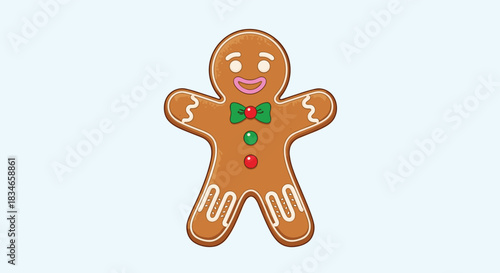 Classic smiling gingerbread man cookie decorated with icing, a festive bow tie, and colorful candy buttons for the holidays.