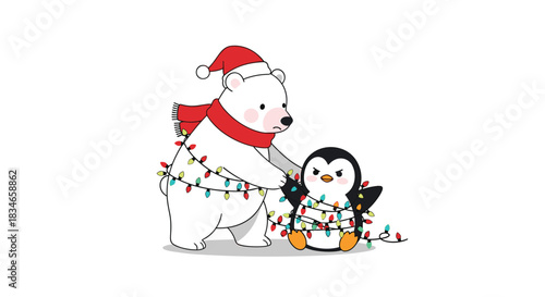 Funny polar bear carefully wrapping an annoyed penguin in a string of colorful Christmas lights in a cute holiday cartoon.