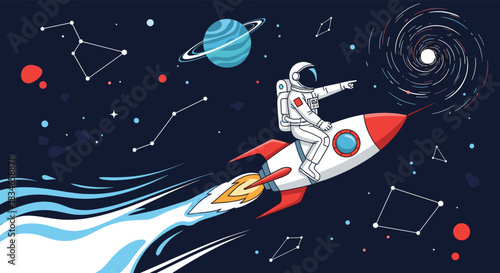 Adventurous astronaut riding a rocket ship through outer space, pointing towards a galaxy amidst planets and constellations.