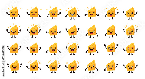 Large collection of cute cheese wedge characters showing a wide range of emotions and poses, perfect for use as mascots or icons.
