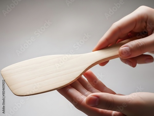 Wooden Rice Spatula Held in Hands, Displaying Clean Kitchenware Detail
