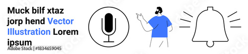 Communication tools, audio features, notifications, sound alerts, digital technology, user interaction. Includes microphone, notification bell icon and a man gesturing. Communication
