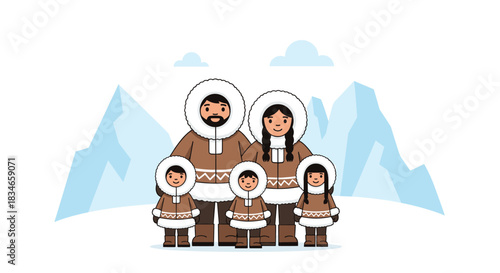 Happy Inuit family of five wearing traditional fur-lined parkas and standing together in a snowy arctic landscape with mountains.