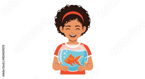 Happy young African American girl with curly hair smiling brightly while holding a small fishbowl with a cute orange goldfish.