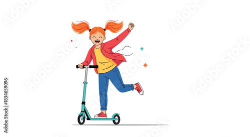 Energetic and joyful girl with red pigtails and a big smile riding a kick scooter with one leg up in a fun, dynamic pose.