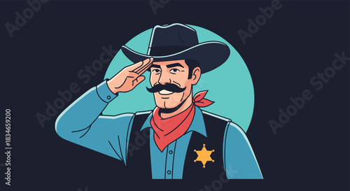 Handsome retro-style cowboy with a mustache and sheriff's badge saluting with a confident smile in a pop art illustration.