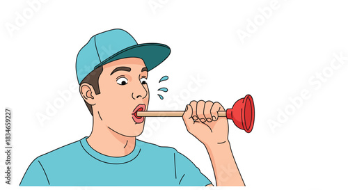 Surprised young man in a blue cap with a red toilet plunger stuck in his mouth in a bizarre and humorous cartoon illustration.