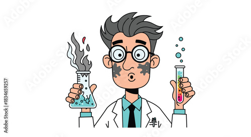 Cartoon scientist with messy hair and a shocked expression after a chemical experiment exploded, holding two lab flasks.