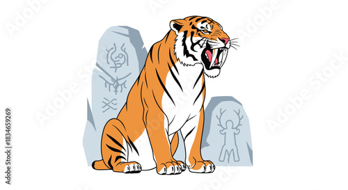 Powerful saber-toothed tiger roaring fiercely while sitting in front of ancient stones with primitive cave painting symbols.