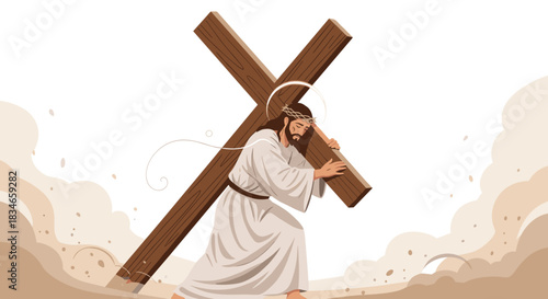 Jesus Christ with a crown of thorns carrying the heavy wooden cross on his back, illustrating the Passion and journey to Calvary.