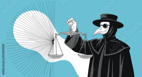 Symbolic illustration of a plague doctor in a beak mask and black robes holding the scales of justice against a graphic background.