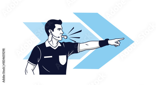 Sports referee blowing a whistle and pointing decisively, making a call during a game in a clean, graphic illustration style.