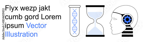 Science, technology, time management, artificial intelligence, genetics, innovation. a DNA helix, an hourglass and a human head with a gear. Science and technology concepts