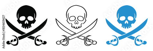 Pirate skull swords trio icon set for creative adventure design,Skull and swords crossed. Crest symbol sign. Logo design. Vector illustration image.Vector art of set of pirate skull and crossbones
