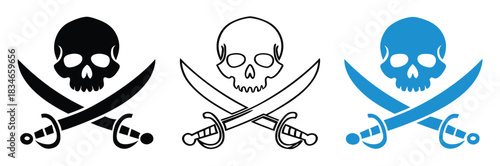 Pirate skull swords trio icon set for creative adventure design,Skull and swords crossed. Crest symbol sign. Logo design. Vector illustration image.Vector art of set of pirate skull and crossbones
