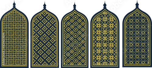 Elegant Islamic geometric window patterns with intricate golden arabesque designs, ornamental arch frames, traditional Middle Eastern decorative artwork for cultural backgrounds