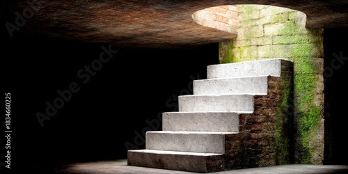 Concrete stairs ascend into darkness from a bright opening with moss covered brick walls
