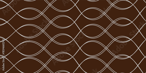 An elegant seamless pattern with white curved lines on a dark brown background, creating a modern geometric design. Suitable for carpets and wallpapers.