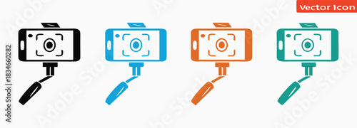 Capture perfect moments with modern selfie stick phone icons.Monochrome selfie stick with smartphone icon vector illustration. Minimalist modern electronic device mobile phone display
