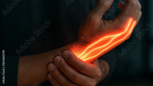 A person firmly grasps a painful forearm glowing with bright orange nerve pathways, illustrating neuropathic pain in the wrist and hand against a dark clinical background.
