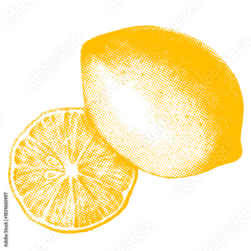 Halftone illustration of a sliced and a whole lemon