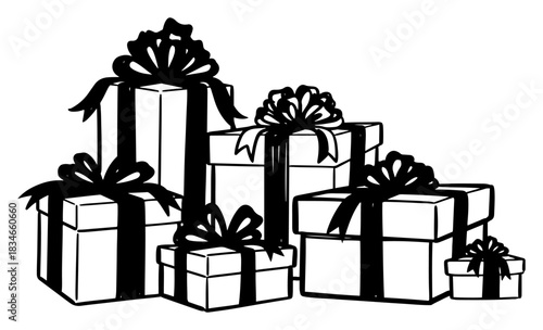Pile of stacked gift boxes with big bows hand drawn vector illustration of group of presents in black sketch style isolated on white background
