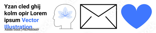 Communication, mindfulness, emotions, personal connection, identity, mental health. Human head with a flower, an envelope and a blue heart symbol. Communication and mindfulness concept
