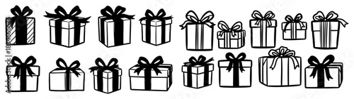 Big set of hand drawn gift boxes with ribbons and bows vector collection of sketch presents in doodle style isolated on white background