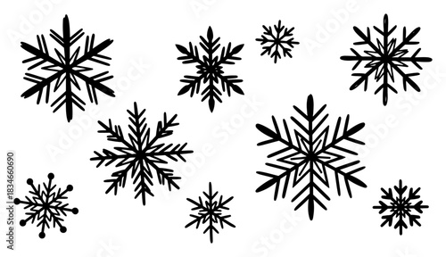 Collection of hand drawn snowflake doodles black and white winter vector illustration set for christmas design