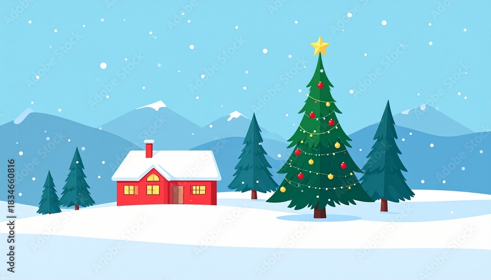 Naklejka premium Flat vector Christmas postcard scene with big decorated tree and snow