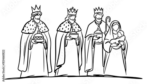 Three kings bringing gifts to Virgin Mary and baby Jesus vector line art drawing of biblical nativity scene isolated on white background