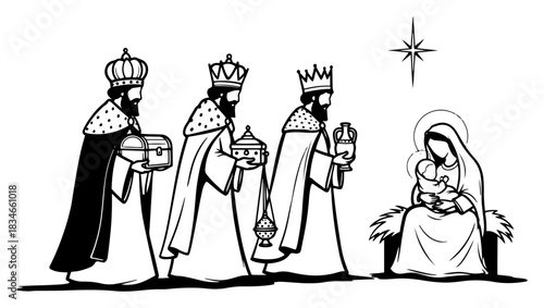 Three wise men visiting mary and baby jesus hand drawn vector illustration black and white biblical nativity scene with star