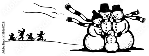 Happy snowman family with scarves and hats vector illustration black and white winter landscape with children sledding silhouettes