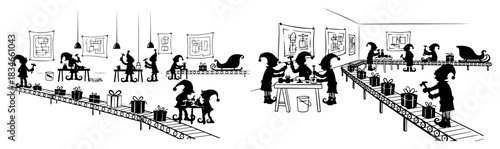 Christmas elves working in Santa workshop vector illustration black and white silhouette of toy factory with conveyor belt and gifts