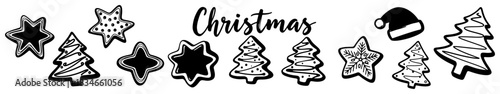 Christmas gingerbread cookies border with text and Santa hat vector illustration horizontal holiday decoration banner with stars and trees