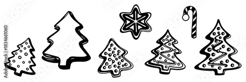 Set of hand drawn Christmas gingerbread trees and cookies vector illustration sketch style holiday sweets collection with candy cane