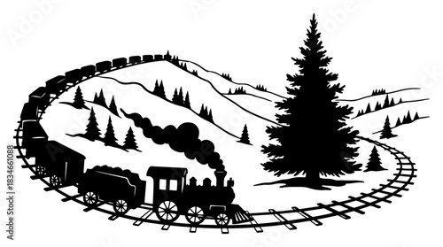 Steam train locomotive traveling on tracks through winter mountain landscape and pine forest silhouette