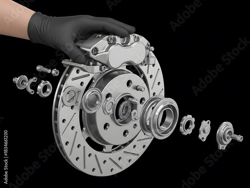 3D Exploded View Diagram of Car Disc Brake System and Components on Black Background