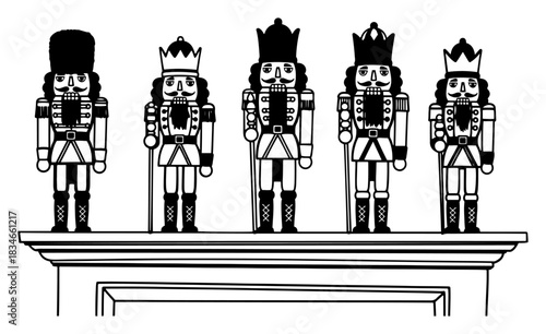 Christmas nutcracker soldiers collection standing in row on fireplace mantel vintage style black and white vector illustration