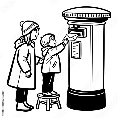 Children sending letter to Santa Claus vector illustration boy standing on stool putting envelope in mailbox with sister winter scene