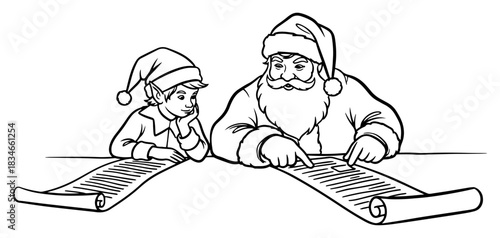 Santa Claus and elf checking naughty or nice list on paper scroll together outline vector illustration